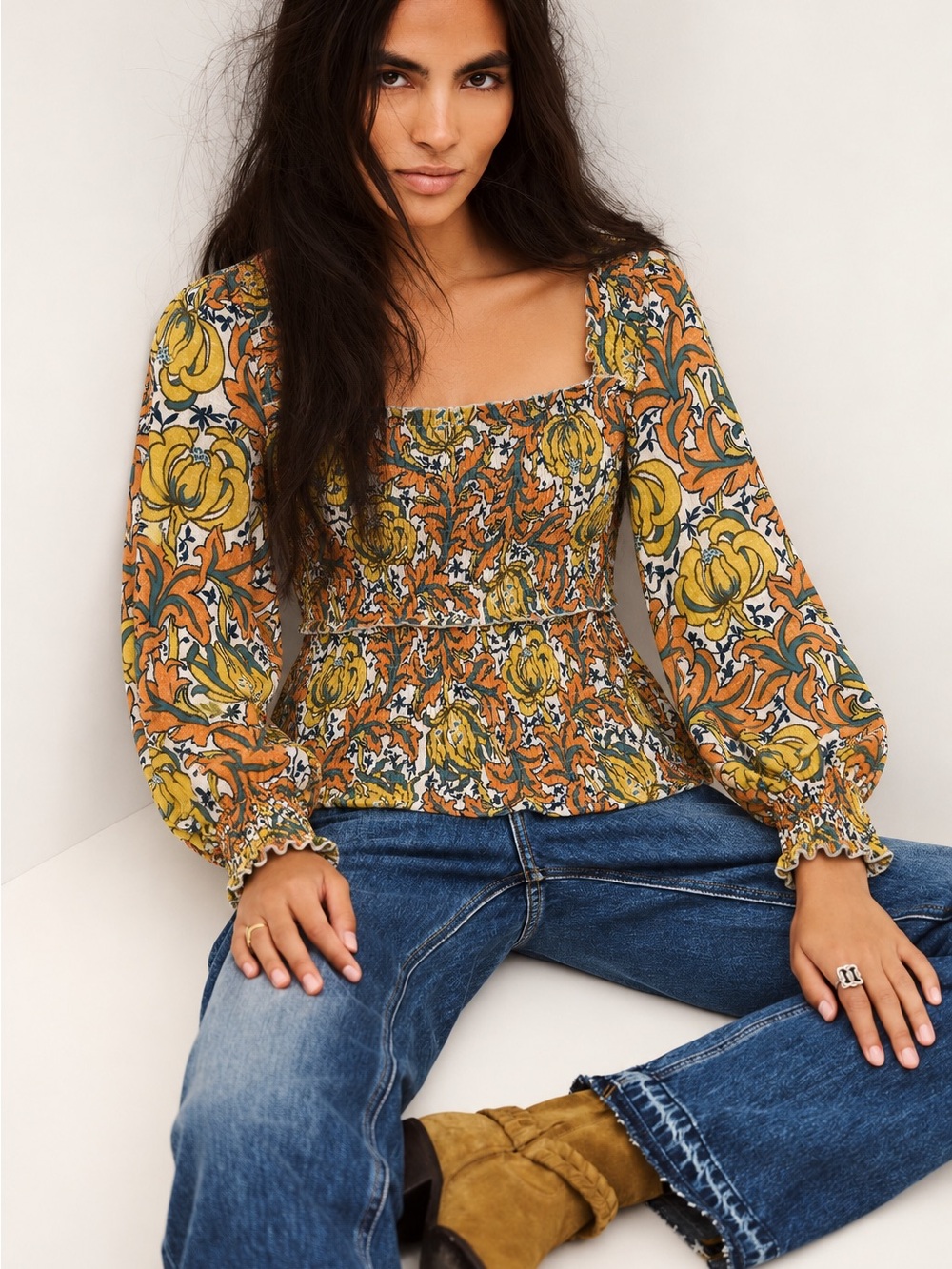 Anthropologie Gretchen Smocked Long Sleeve Blouse Size L Floral Boho